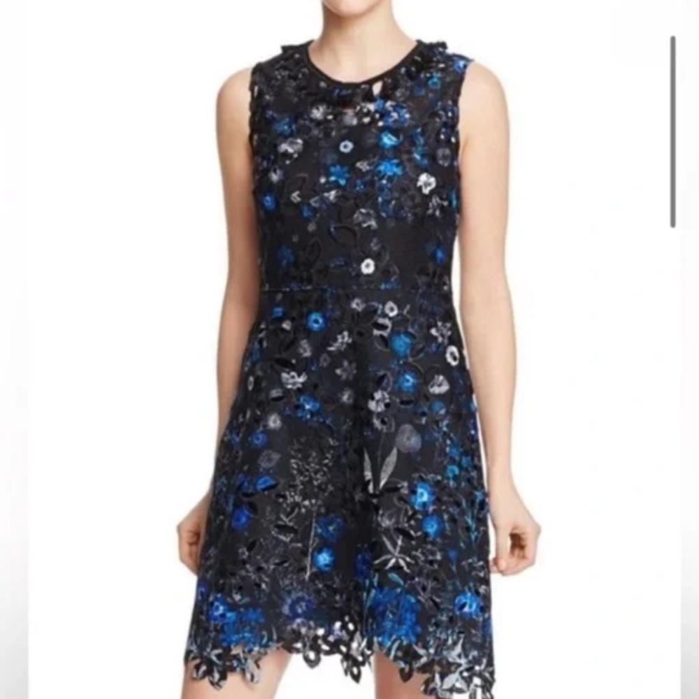 Elie Tahari Black Floral Lace Midi Dress with Blue Accents